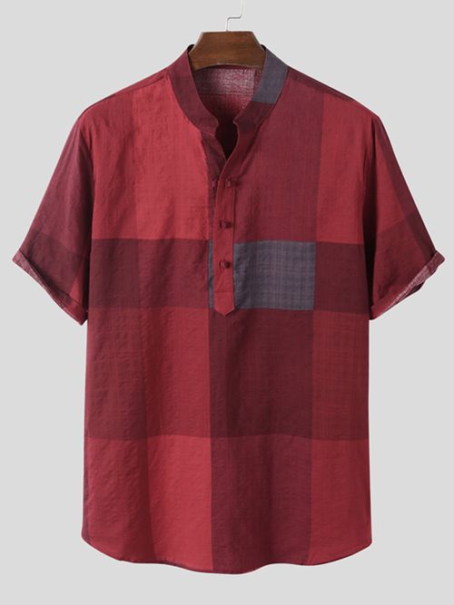 Mens Stand Collar Plaid Short-sleeved Shirts SKUI90934 - Red / S