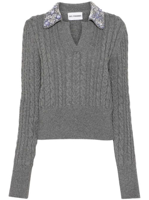 Floral appliqué cable knit top - Grey