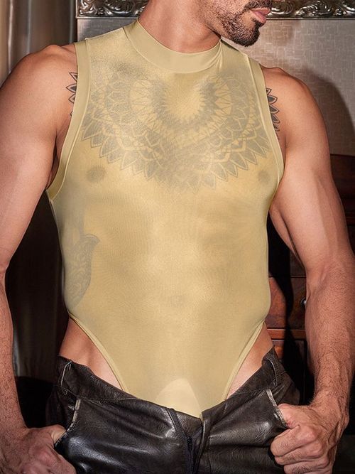 Men's Solid Color Sheer Bodysuit SKUL42441 - Khaki / S