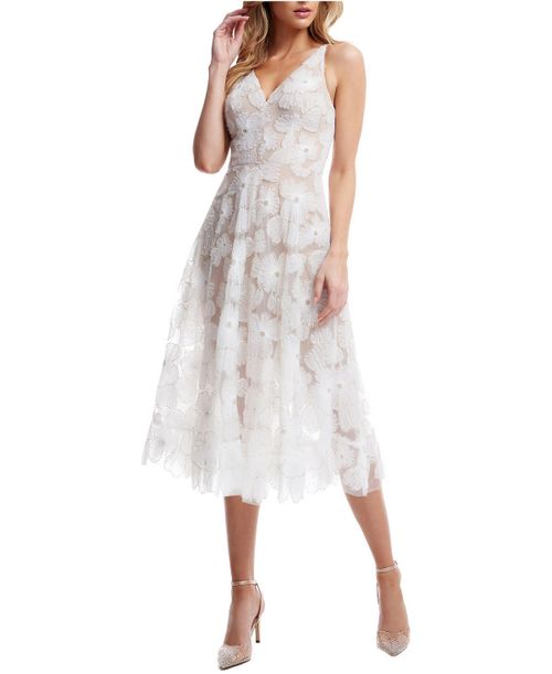 Women's Blair V-Neck 3D Floral Embroidered Fit and Flare Dress - White-nude