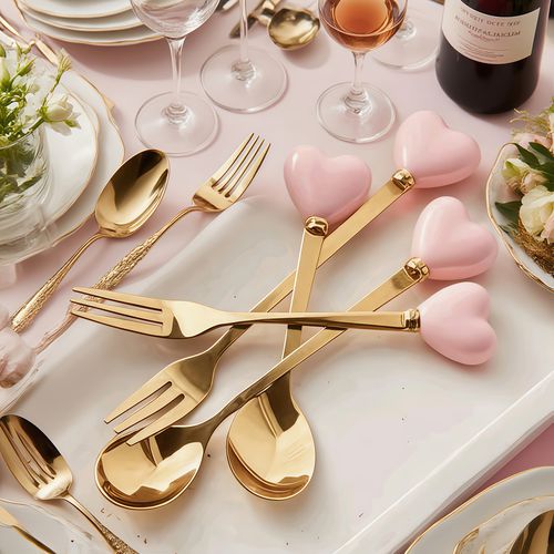 TEMU 4pcs Premium Stainless Steel Cutlery Set - Elegant Golden & Pink , Includes Forks, Spoons, And Teaspoons, Afternoon Tea, Desserts, And Specia