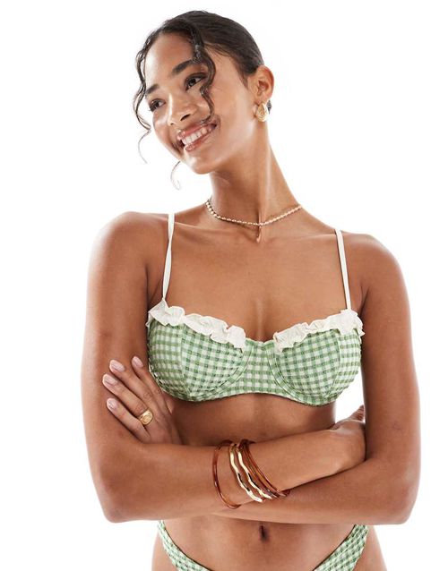 Dorothy underwired balcony bikini top in gingham-Green