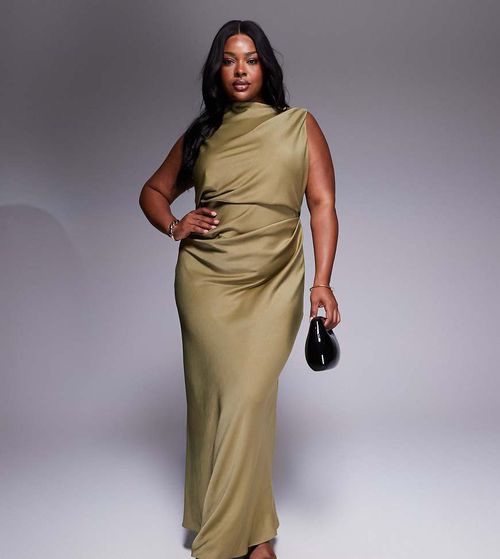 ASOS Curve | ASOS DESIGN Curve draped bodice maxi dress with cowl back  detail in olive-Green | Realry