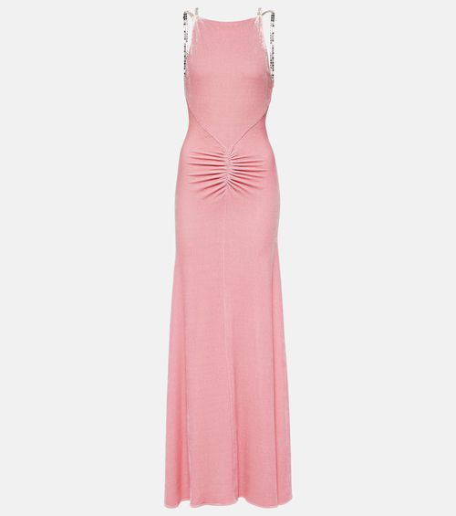 Embellished ruched velvet gown