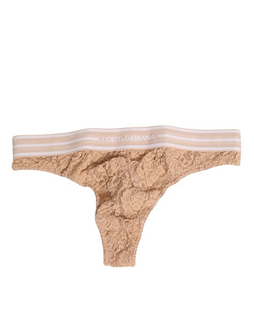 Lace Logo-Waist Thong — Beige