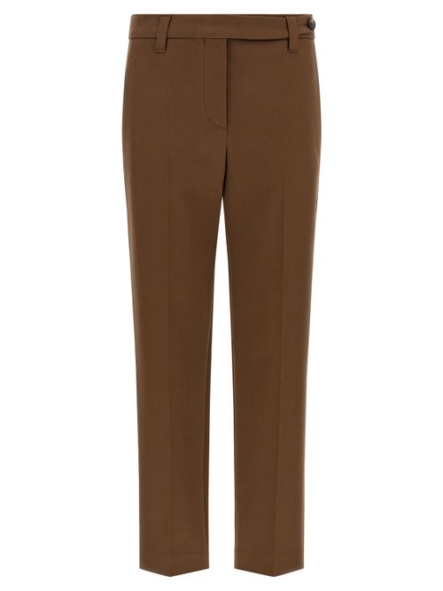 Pleated Cropped Cotton Twill Trousers — Brown