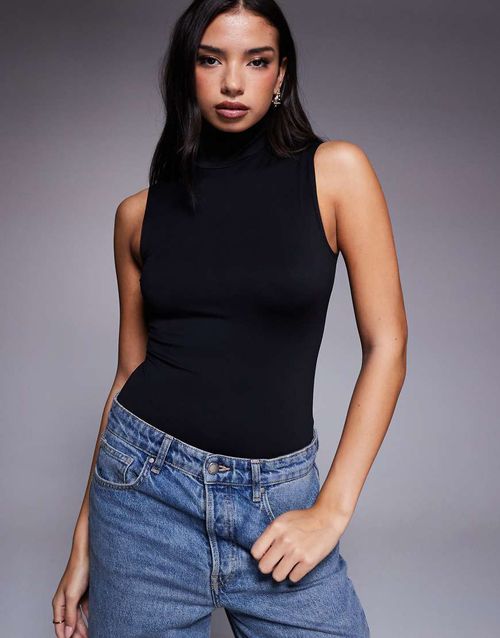 Weightless mock neck bodysuit in black in scuba-style fabric