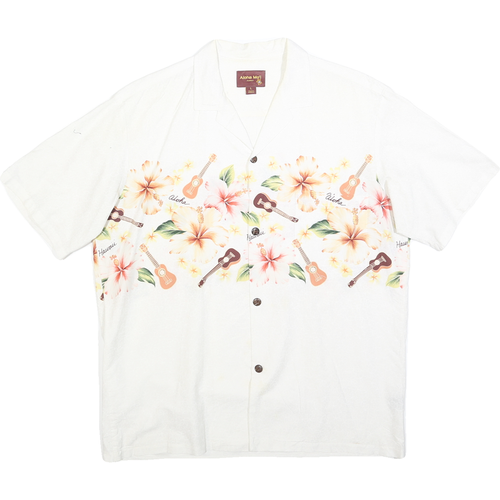ALOHA MO'I Mens White & Pink Hawaiian Cotton Blend Shirt L Tropical Floral Uk
