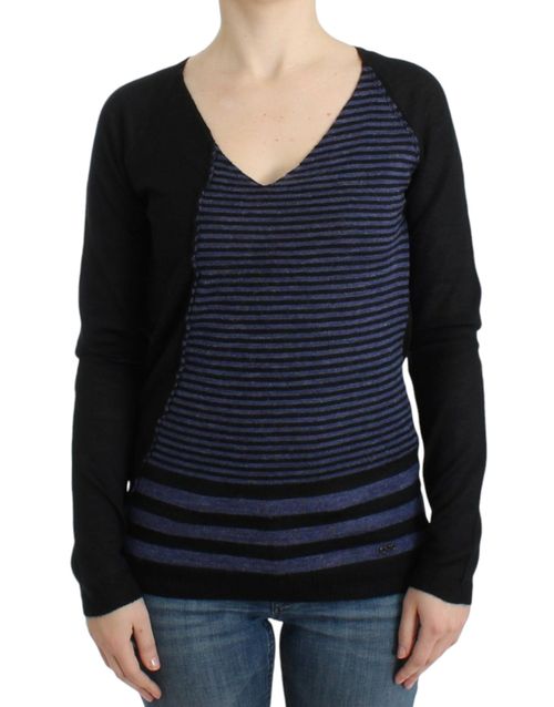 Striped V-Neck Sweater — Black