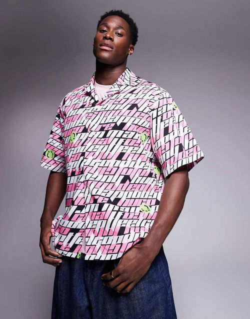 Hugo Blue relaxed fit logo repeat printed shirt in pink