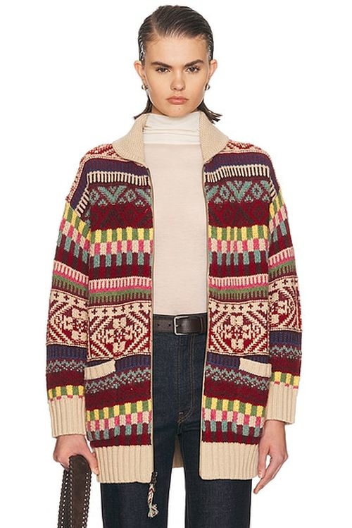 Polo Ralph Lauren Cotton Wool Cardigan in Brick Multi - Cream,Red. L also in