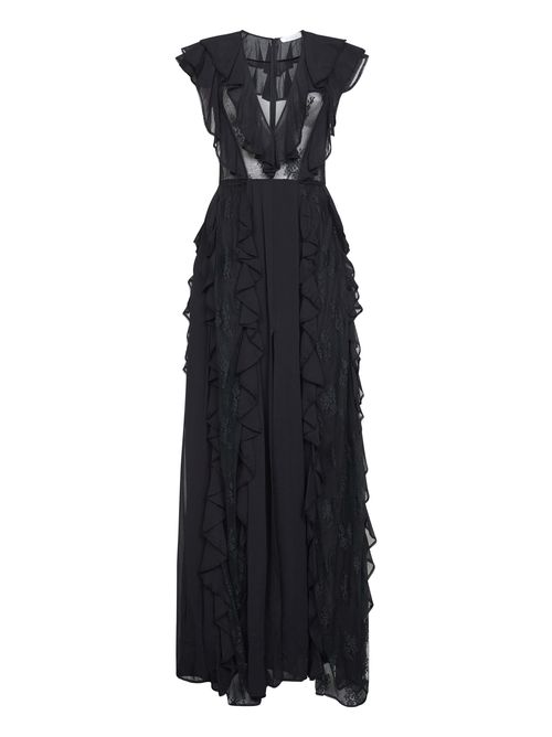 Lace Insert Georgette Dress — Black