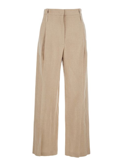 Front-Pleated Linen Blend Trousers — Beige