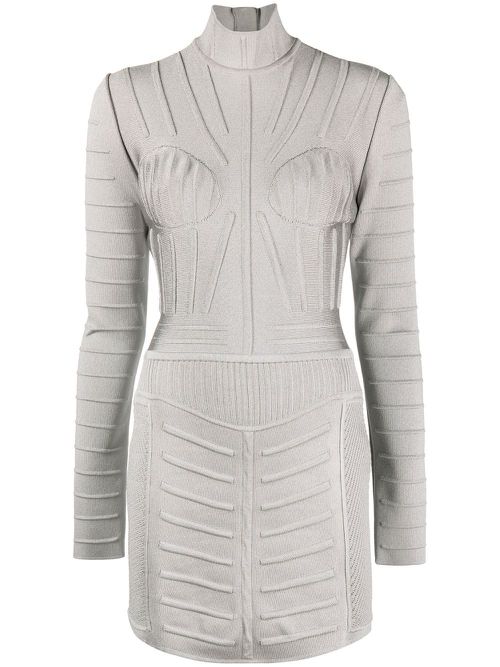 Ribbed long-sleeve mini dress - Grey