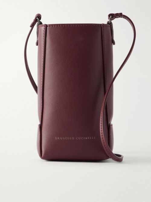 Bead-embellished Leather Pouch - Burgundy