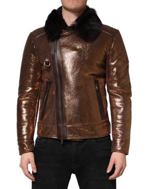 Bronze Metallic Leather Biker Jacket — Bronze