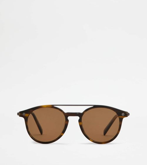 Tod's - Rounded Sunglasses with Temples in Leather, BROWN, - Sunglasse