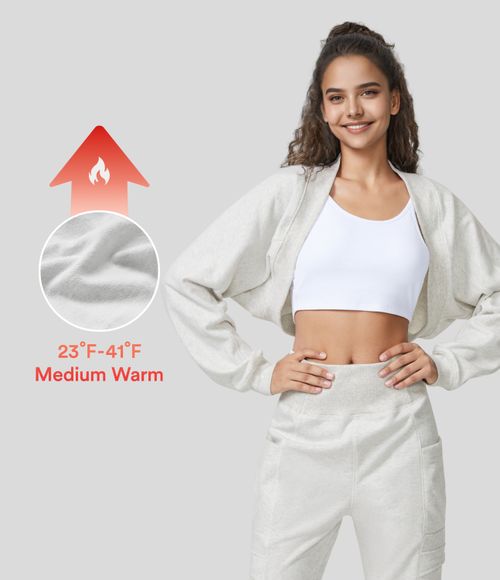 Batwing Sleeve Cropped Fleece Casual Cotton Shrug Bolero  - Tea White Flower Gray
