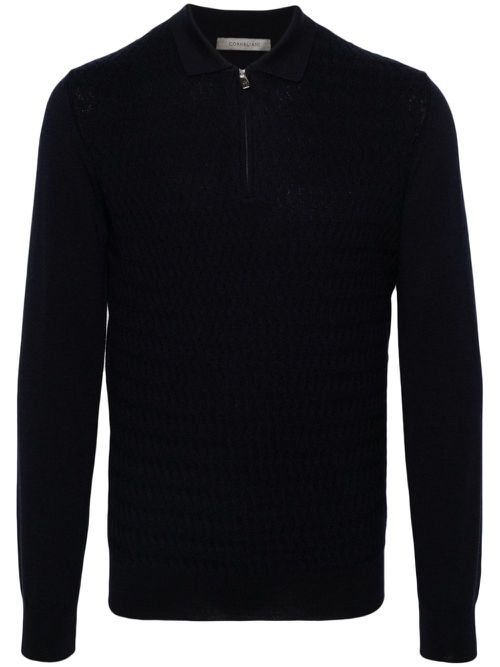 Long-sleeved virgin wool polo shirt - Blue
