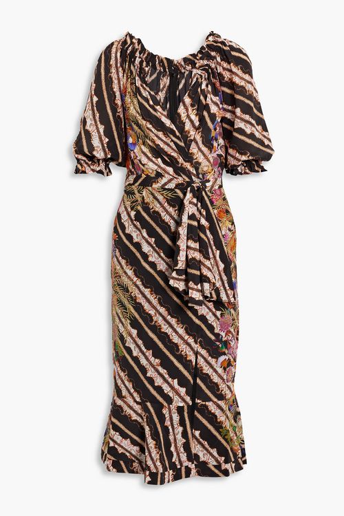 Saloni - Olivia Midikleid aus Crêpe de Chine aus Seide mit Print und Wickeleffekt - Schwarz - UK 6