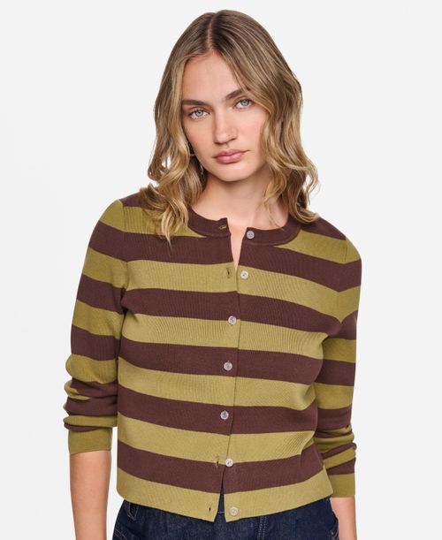 Petite Cropped Striped Crewneck Cardigan - Chestnut Crocodile