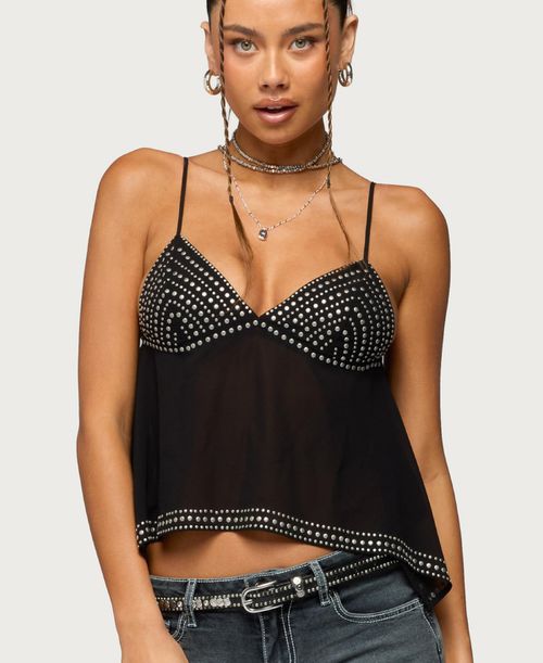 Women's Studded Asymmetric Sheer Babydoll Top - Black