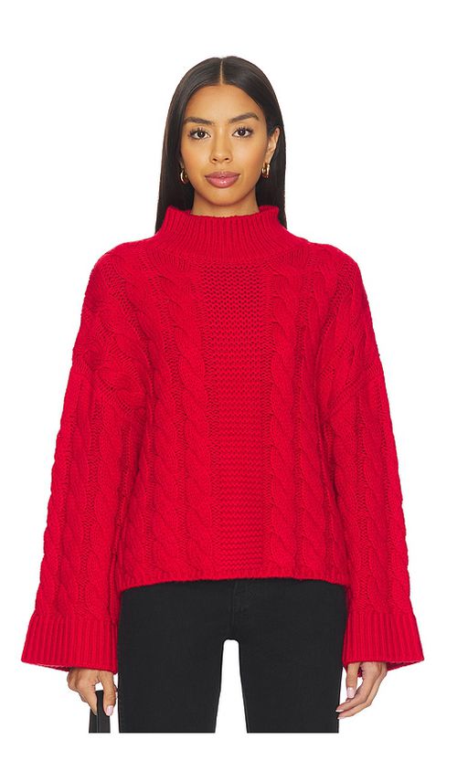 525 America Adalynn Oversized Chunky Cable Mock Neck Pullover in Red. - M also in