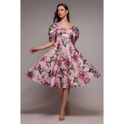 Goddiva Off Shoulder Floral Bow Back A Line Midi Dress - Blush Pink