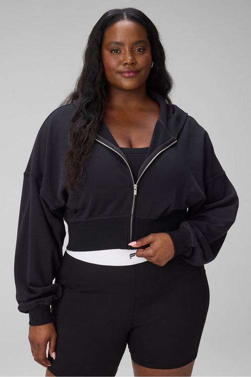 Fabletics Women's Year Round Terry Cropped Full-Zip Hoodie Black Plus XXL/1X