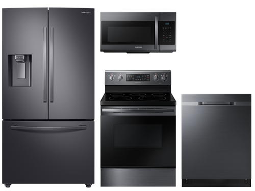 Large Capacity 3-door Refrigerator + Electric Range with Convection + StormWash™ Dishwasher + Microwave in Black Stainless