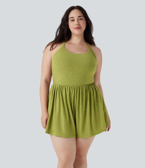 2-in-1 Plus Size Romper with Pockets-Easy Peezy Edition  - Soft Meadow Green