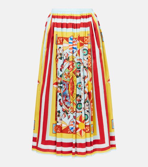 Pleated printed cotton midi skirt