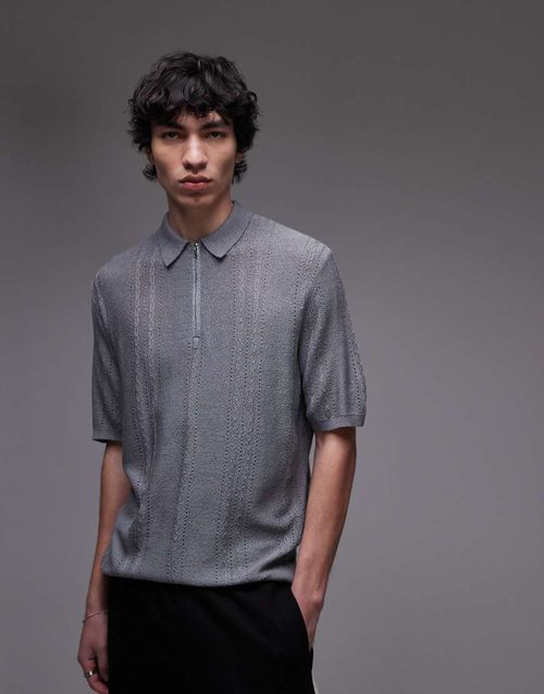 Topman knit short sleeve quarter zip textured polo shirt in gray