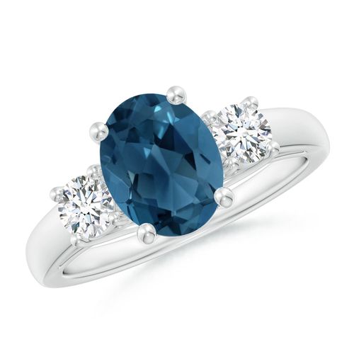 Angara 2.25 Carats Oval London Blue Topaz and Round Diamond Three Stone Ring in Platinum