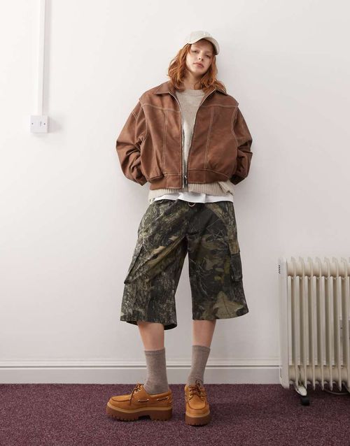 Leather look contrast stitch bomber jacket in washed brown