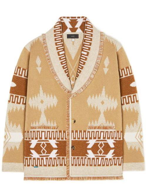 Patterned-jacquard frayed-trim cardigan coat - Neutrals