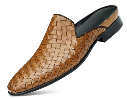 Santimon Mens Mules Sandals Formal Dress Loafers Leather Clogs Business Casual Woven Open Back Slippers Outside Slip On Shoes for Men Black