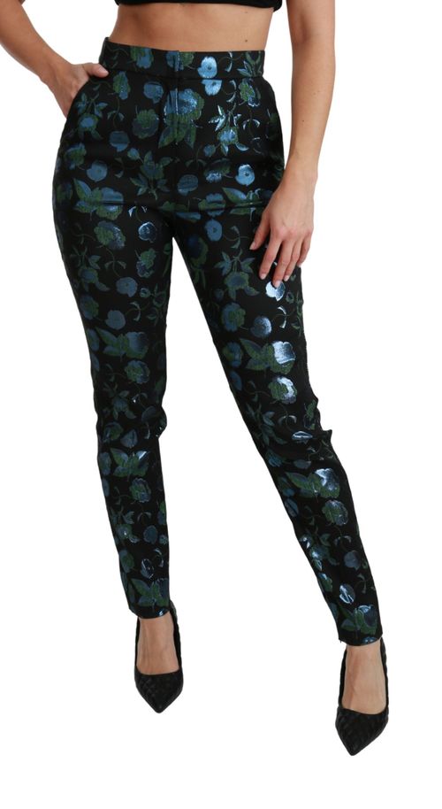 Floral Metallic Jacquard Trousers — Black