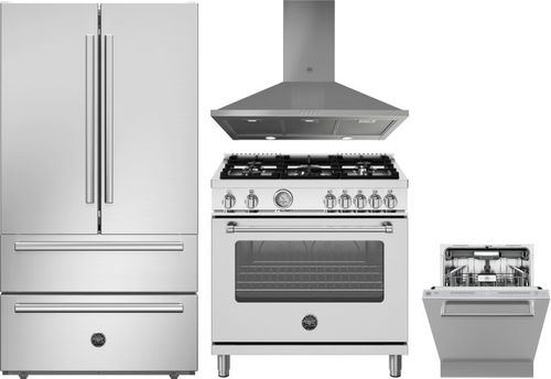 Bertazzoni 4 Piece Kitchen Appliances Package with French Door Refrigerator, Gas Range and Dishwasher in Stainless Steel BERERADWRH1194
