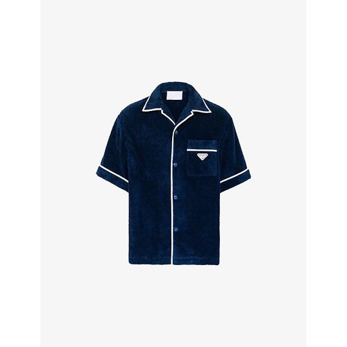 Mens Blue Brand-plaque Cotton Bowling Shirt 