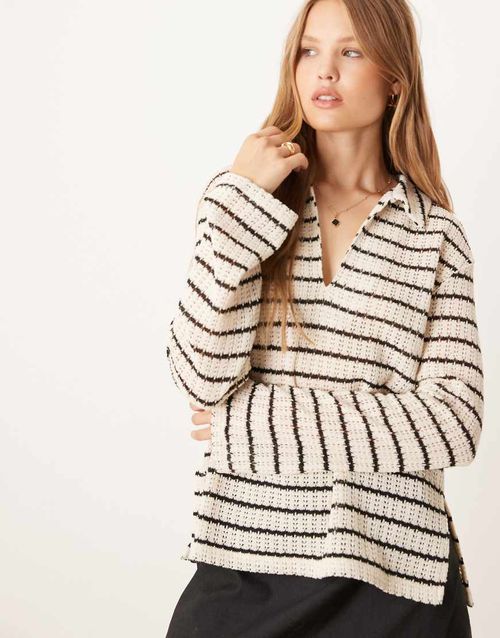 Co-ord long sleeve polo crochet relaxed top in light beige and black stripe-Neutral