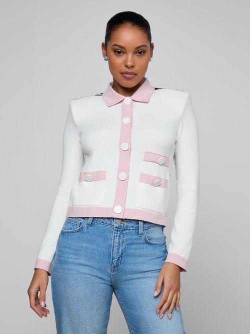Nomi Satin Back Cardigan In Ivory/pink/multi Butterfly Jungle