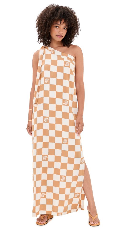 Beige Shell Plaid One shoulder Maxi Dress Beige Shell Plaid