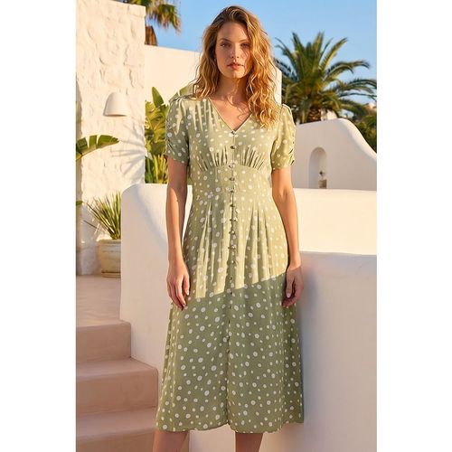Roman Womens Polka Dot Ruched Sleeve Midi Dress - Green