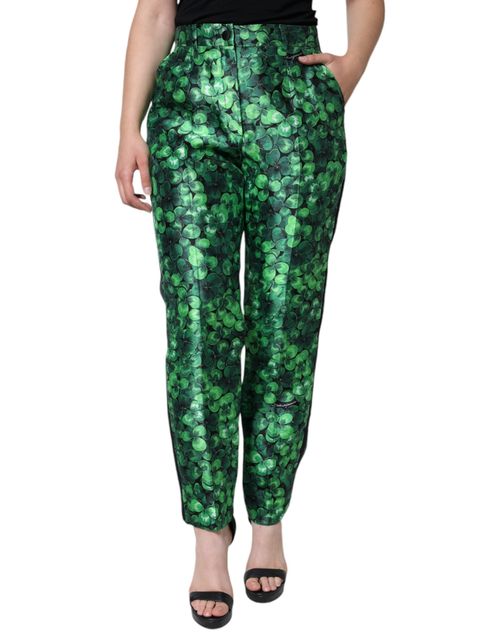 Clover-Print Silk Satin Trousers — Green
