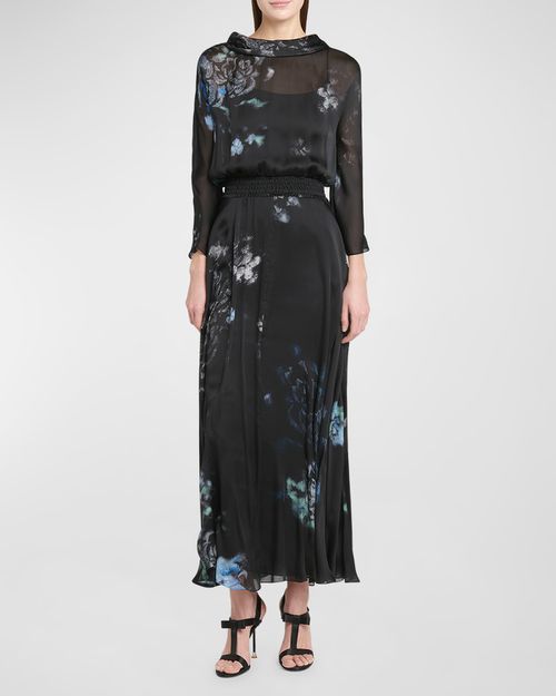 Floral Print Silk Gown with Smocked Waist