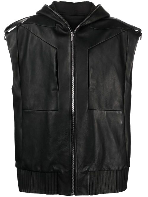 Lido sleeveless hooded leather jacket - Black