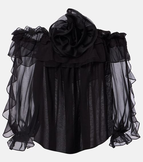 Floral-appliqué silk tulle top
