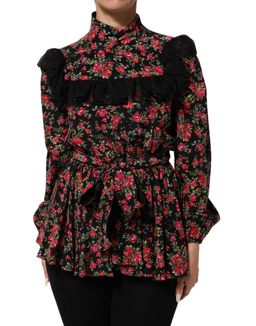 Floral Print Silk Blouse — Black