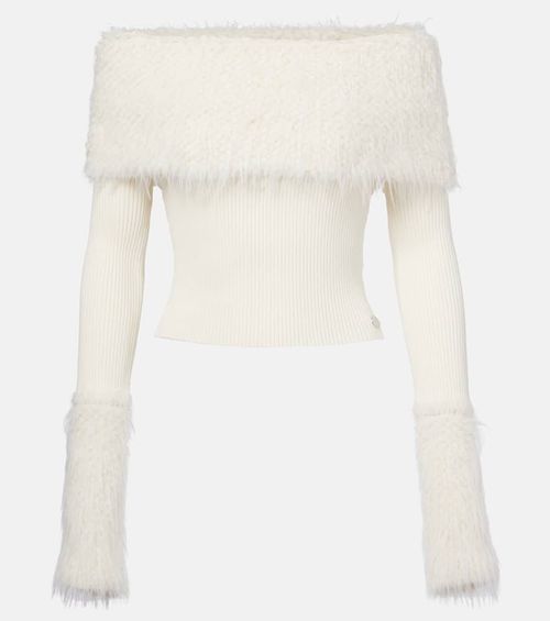 Ribbed-knit faux fur-trimmed top